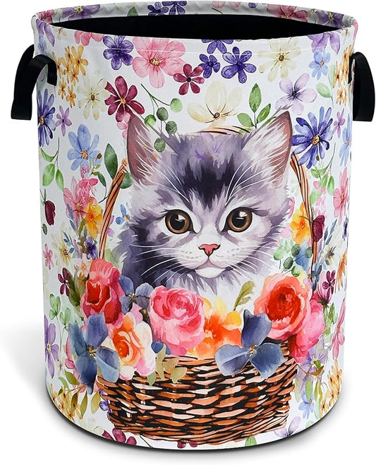 Cute Cat Laundry Basket Flowers Animal Oxford Cloth Laundry Hamper With Handle Foldable Portable Clothes Storage Basket 18.9 X 16.5 In Storage Bag For Laundry Room/Bathroom/Bedroom/Dormitories