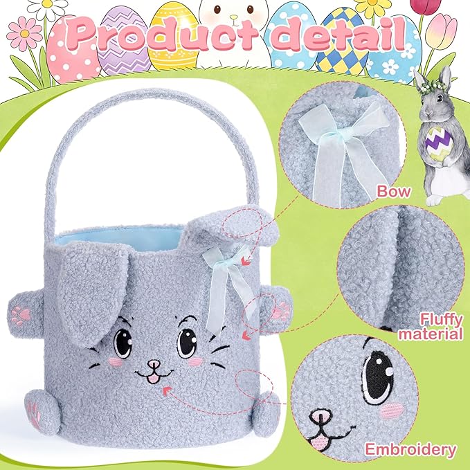 Mimorou 3 Pack Plush Bunny Easter Basket Sherpa Easter Bucket with Rabbit Ears Decorative Bow Large Bunny Tote Bags Ideal for Egg Hunt, Party Favors, Decorations & Storage(White Pink and Blue)