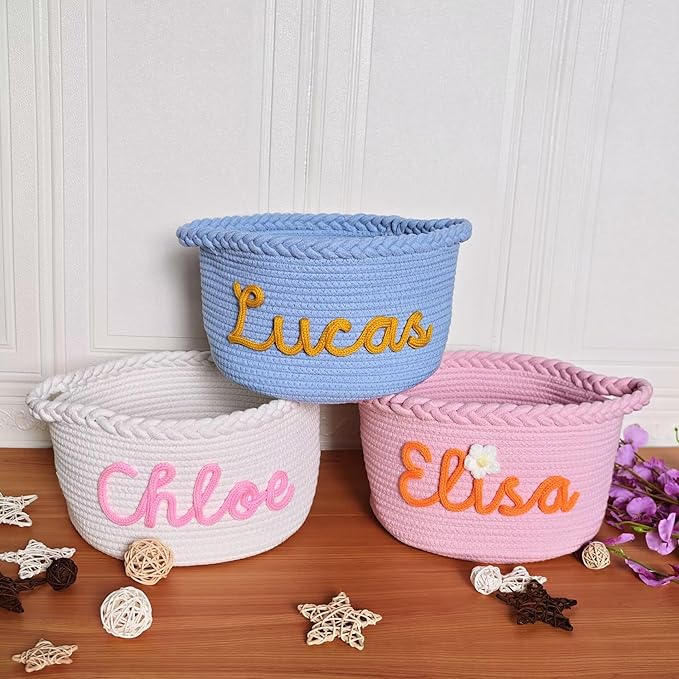 JUPPE Custom Baby Shower Basket, Personzlized Basket with Baby Name, Baby Boy Girl Storage Organizer Cotton Rope Nursery Decor Newborn Gift (style 1) (Style 7)