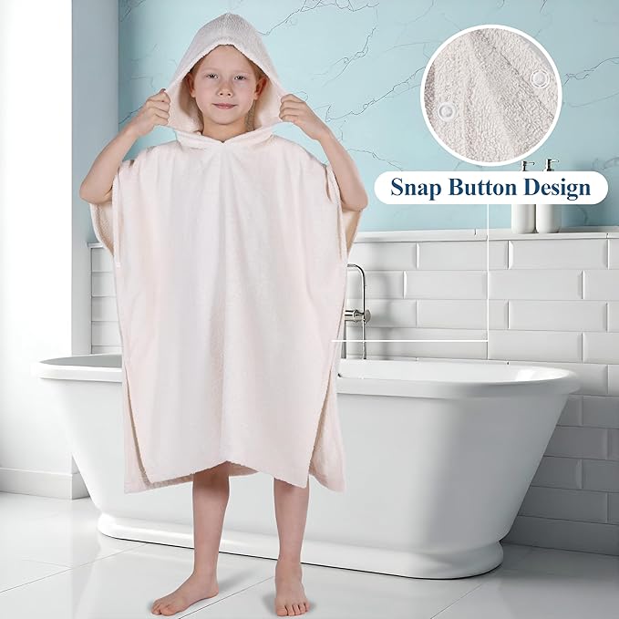 Superior Kids Cotton Terry Poncho, Soft, Absorbent Bath Towel with Hood, Bathroom Accessories, Long, Plush Bathrobes for Bath, Shower, Spa, Resort, Hotel, Beach, Pool, Boy, Girl, Large Size, Ivory