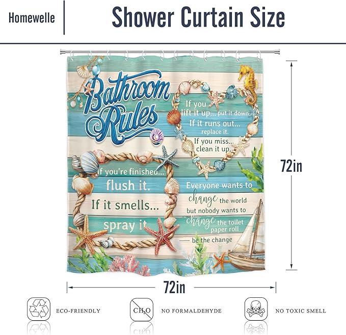 Homewelle Bathroom Rules Shower Curtain Teal Blue Kids Farmhouse Rustic Funny Starfish Beach Ocean Sea Inspirational Quotes Wooden Board Retro 72Wx72H Inch Waterproof Polyester Fabric Bathroom Bathtub