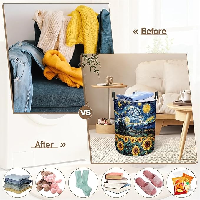 Laundry Hamper Night Sky Sunflowers, Large Canvas Collapsible Organizer Laundry Storage Basket for Nursery,Office,Toy Organizer,Home,Decor - 19.7" X 15.7 "