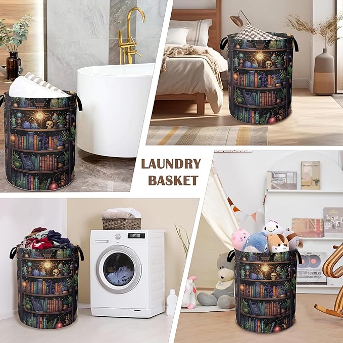 Laundry Basket,Skull Collapsible Laundry Baskets,Terror Library Waterproof Oxford Hamper with Handles for Bathroom Bedroom Nursery Home Storage 16"x20"