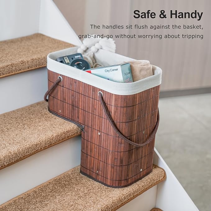 Stair Basket with Lid & Handle – Staircase Storage Basket for Wooden & Carpeted Stairs, Foldable Step Baskets for Stairs, Bamboo Storage Bin Organizer for Toys, shoes & Books (Brown)