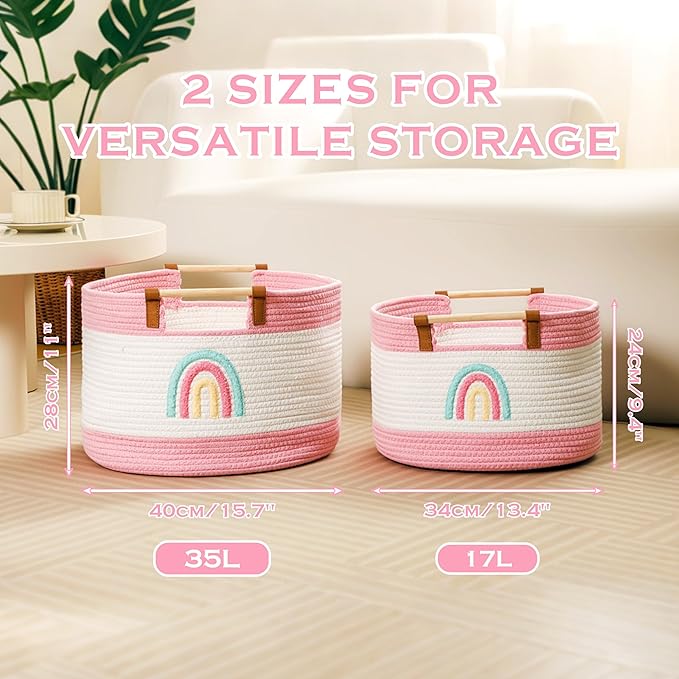 Cotton Rope Baskets for Kids Stuffed Animal Toys Storage for Nursery, Baby Baskets for Gifts Empty, Woven Basket with Wooden Handles Blanket Towel Toy 0rganizer Girls Blanket Storage Bins, Rainbow