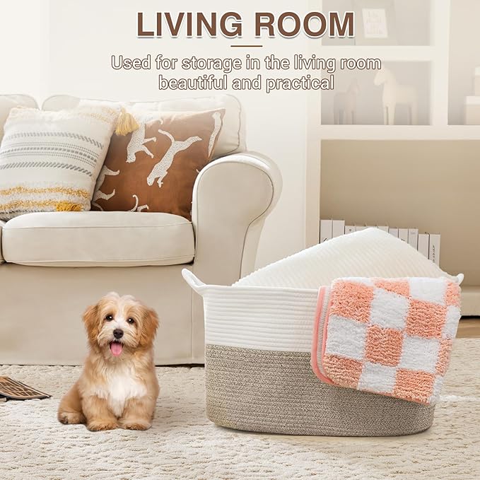 YOUDENOVA Nursery Storage Basket，21.6''×14.9''×11.8'' Rectangle Cotton Rope Blanket Basket, Nursery Laundry Hamper for Organizing，Toy Basket for Living Room, Bedroom