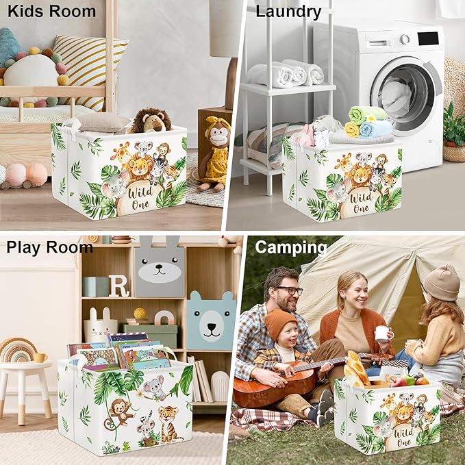 Clastyle 36L Large Safari Animals Elephant Shelf Basket Lion Rectangle Collapsible Dirty Clothes Baby Basket Jungle Koala Giraffe Book Toy Storage Bin for Nursery
