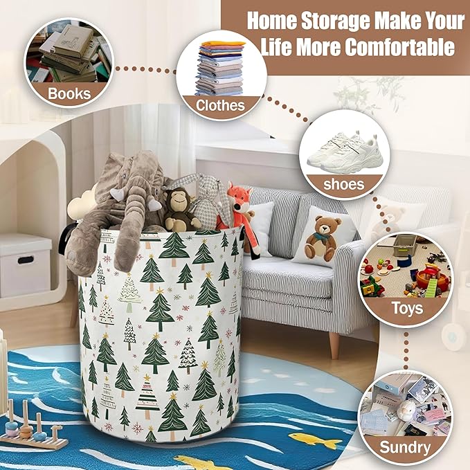 Christmas Pine Tree Laundry Basket,Waterproof Foldable Laundry Hamper,Dirty Clothes Basket, Linen Bin Storage Organizer Collection 16" x 20.8"