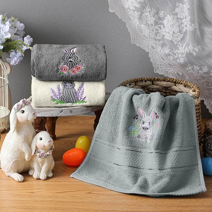 3 Pack Easter Bunny Hand Towels Farmhouse Gray Bathroom Decor 13.4 x 29.2 Inch 100% Cotton Embroidered Spring Decorative Towels Absorbent Soft for Hand Drying Cleaning Gift