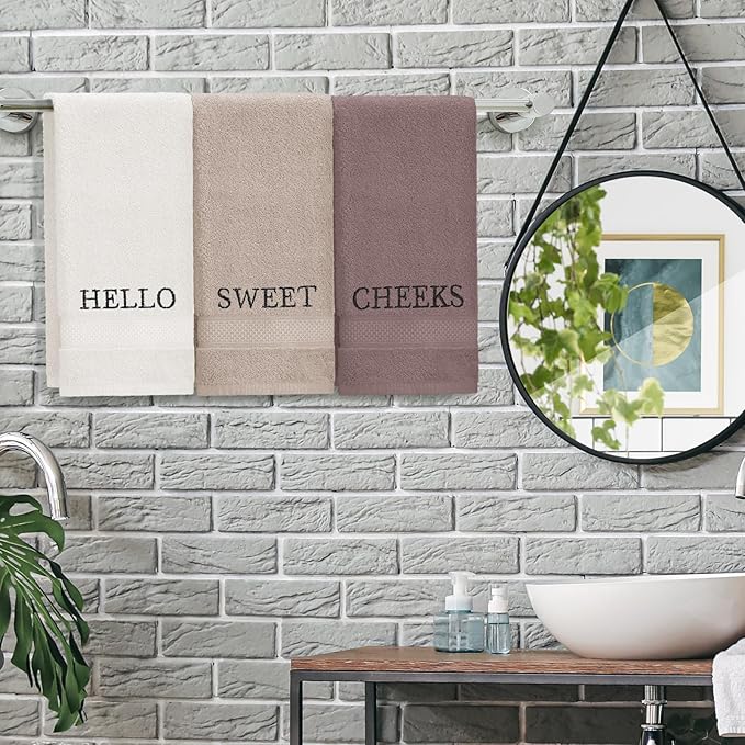 3 Pcs Hello Sweet Cheeks Hand Towels Farmhouse Decorative Embroidered Bathroom Hand Towels Rustic 100% Cotton Hand Towels Set for Boho Bathroom Kitchen Decor