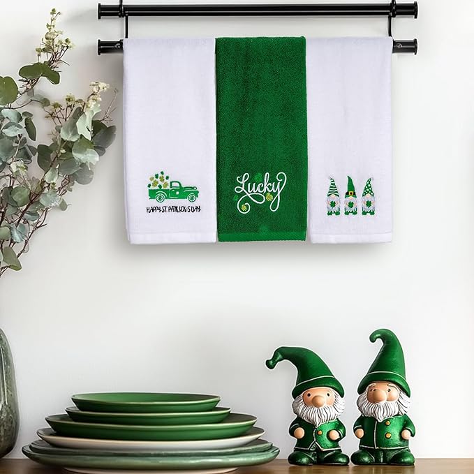 3 Pcs St. Patrick's Day Hand Towels Embroidered Decorative Lucky Shamrock 100% Cotton Bath Towel for Bathroom Home Kitchen Decor Housewarming Gifts 13.4" x 29.5"