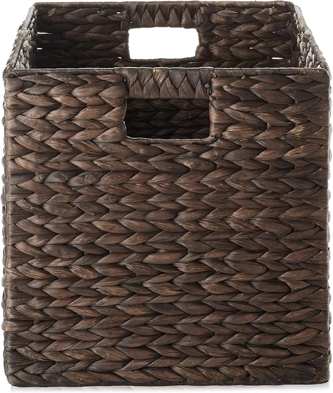 Casafield 13" x 13" Water Hyacinth Storage Baskets, Espresso - Set of 2 Collapsible Cube Organizers, Woven Bins for Bathroom, Bedroom, Laundry, Pantry, Shelves