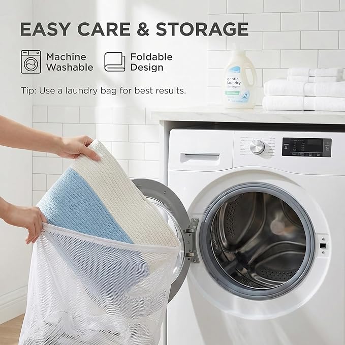 115L Extra Large Blanket Basket for Living Room - Woven Cotton Rope Laundry Hamper with Reinforced Handles - Storage Bin for Pillows, Comforters & Toys - Machine Washable,White&Blue