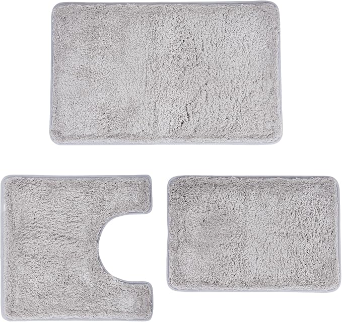 3 Pieces Luxury Bathroom Rug Set with U-Shaped Toilet Rug, Non-Slip Rubber Bottom, Thick Microfiber Fluffy Plush, Water absorption, Quick Dry, Ultra Soft, Bath Mats for Bathroom, Tub(Light Grey)