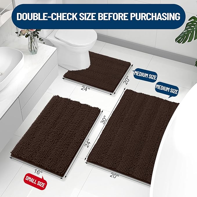 Grandaily Chenille Striped Bathroom Rugs 30x20, Extra Thick and Absorbent Bath Mats, Non-Slip Soft Plush Shaggy Shower Carpet, Machine Wash Dry, Bath Rug for Bathroom, (Medium, Brown)