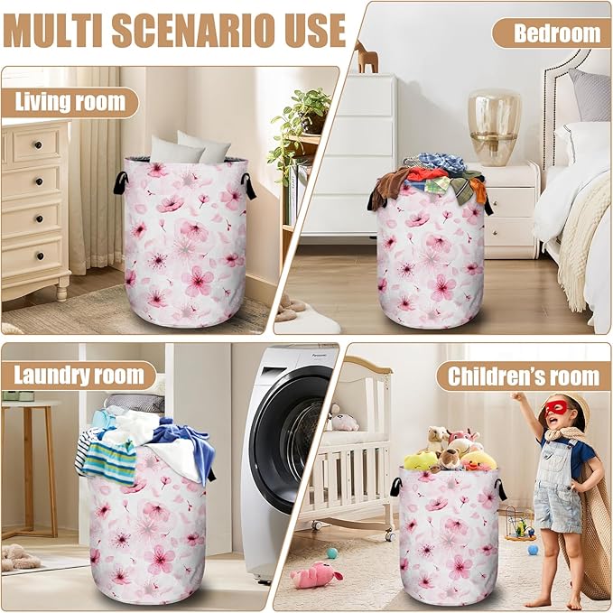 Watercolor Cherry Blossom Laundry Basket, Foldable Pink Flower Laundry Hamper Tote Bag Dirty Clothes Storage Bucket Toy Organizer for Bathroom/Laundry/Bedroom 15.7"x19.6"