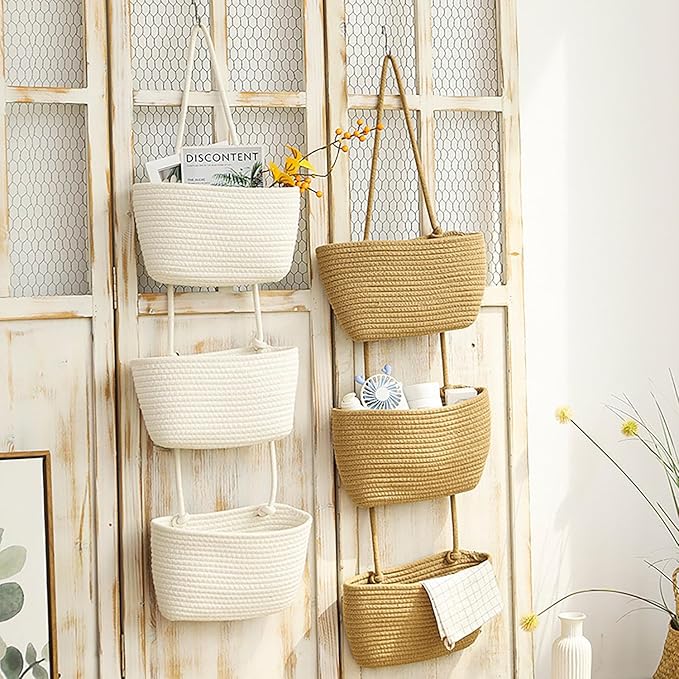 YYaaloa White Woven Cotton Hanging Baskets for Organizing Decor 3-Tier Over the Door Wall-Mounted Storage Bag Nursery Baskets for Organizing Living Room, Bathroom and Bedroom (White)