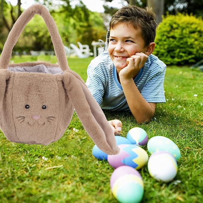 Plush Easter Bunny Basket, Children Easter Basket, Cute Cartoon Bunny Bag with Long Ears, Soft Plush Easter Egg Collector for Kids Easter Party Gift (Coffee)