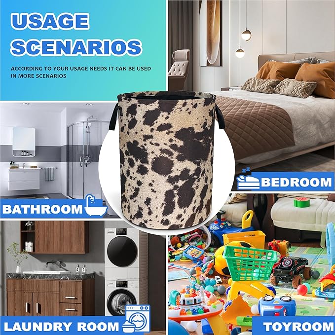 Cow Brown Skin Print Laundry Basket Animals Oxford Cloth Laundry Hamper With Handle Foldable Portable Clothes Storage Basket 18.9 X 16.5 Inch Storage Bag For Laundry Room/Bathroom/Bedroom/Dormitories