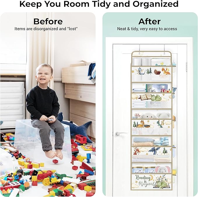Clastyle Dinosaur Over the Door Organizer Tree Nursery Hanging Storage Organizer for Kids Clothes Diaper Toy Closet Door Hanging Shelf Storage for Bedroom Bathroom Pantry, Magic, 5-Tier