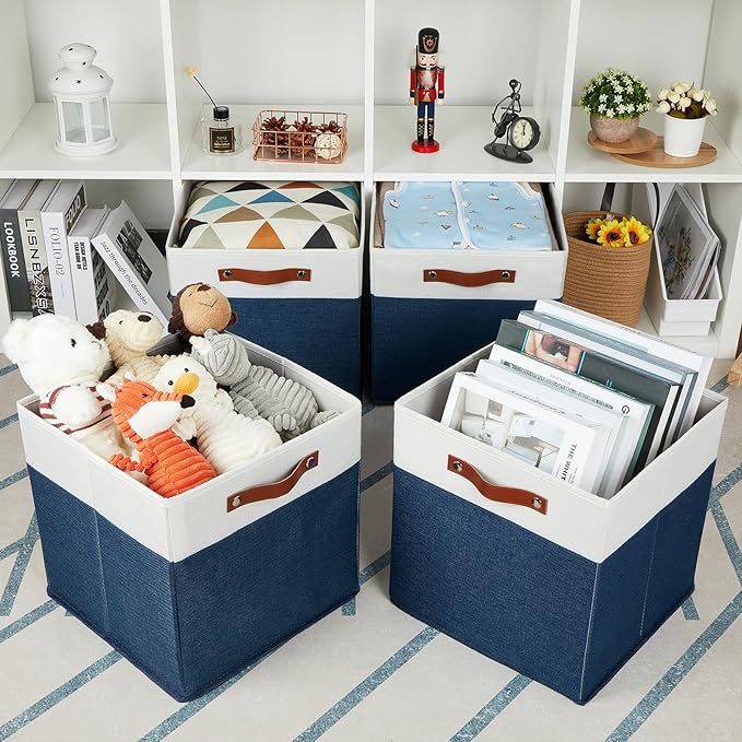 HNZIGE Cube Storage Baskets,Fabric Storage Cubes 12 x 12, Set of 4,Decorative Storage Baskets for Organizing with Handles,Blue Square Bins for Organizer Home Toy Nursery Closet(Blue White)