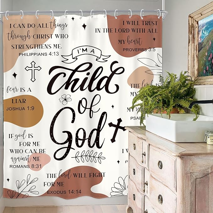 Homewelle Brown Abstract Bible Verses Shower Curtain Scripture Christian Boho Mid Century Inspirational Quotes 60Wx72H Inch Minimalist Geometric Plant Waterproof Polyester Fabric Bathroom Bathtub