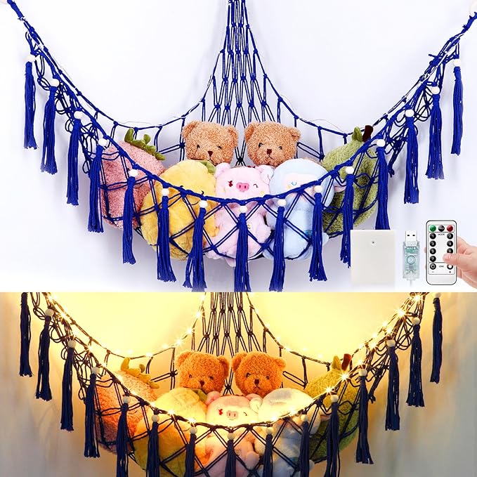 Stuffed Animal Hammock, 55in Storage Macrame Hammock with 75LEDs, Hanging Net for Kids Bedroom Doll Room Corner Organizer, USB Powered Plush Animal Storage Net with Remote (Dark Blue, XL)