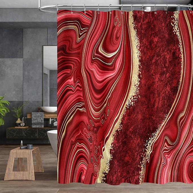 4PCS Red Marble Shower Curtain Sets with Rugs, Abstract Bathroom Sets with Shower Curtain and Rugs, Modern Bathroom Curtains Shower Set with Toilet Lid Cover Accessories for Bathroom Decor