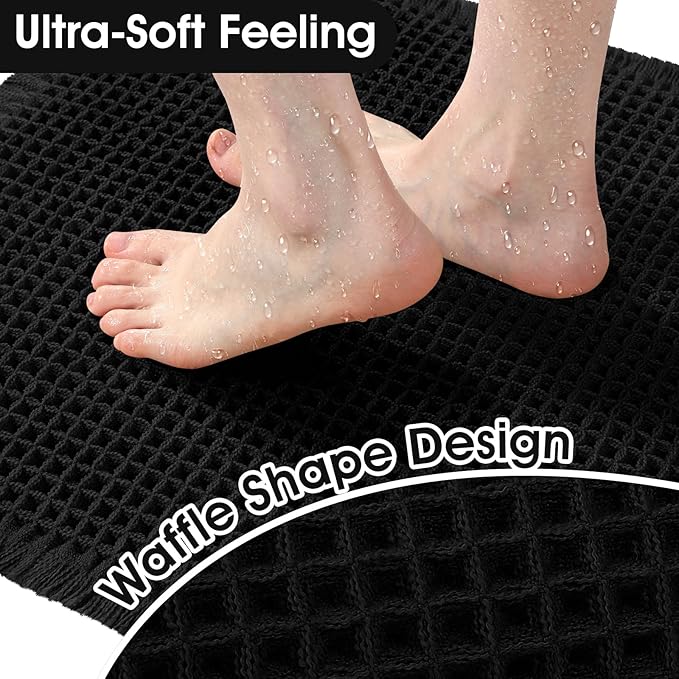 Accumtek Extra Large Waffle Bath Mat, 5'x2' Black, Super Absorbent Non-Slip Quick Dry Bathroom Rugs with Tassels, Machine Washable Ultra Soft Boho Bath Rugs for Floor, Toilet Mats Boho Farmhouse Decor