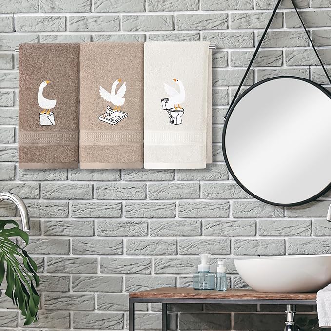 3 Pcs Silly Goose Hand Towels Decorative Silly Goose Bathroom Decor Geese Gifts Brown Farmhouse 100% Cotton Embroidered Towels for Bathroom Kitchen Decor, 13.3 x 29.5''