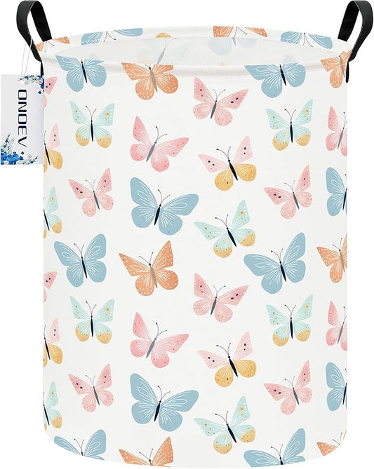 Round waterproof laundry basket,laundry Hampers with handle,gift basket,suitable for children's room and toy storage (Colorful butterfly)