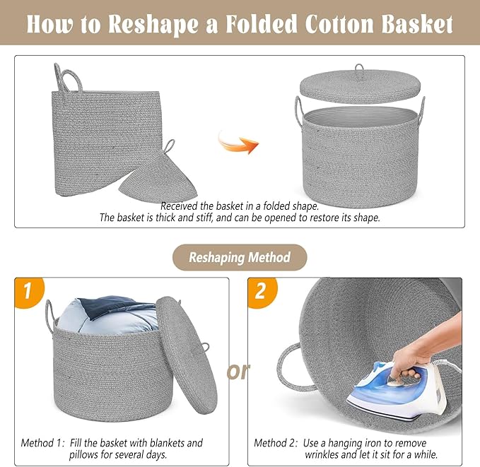 21" x 18" Extra Large storage baskets,Decorative blanket basket with lid for Living room,rope baskets with lid,wicker hamper for bedroom,Big,Round,Grey