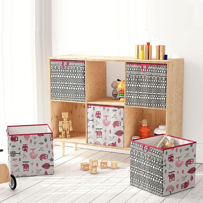 Bacati - Large Storage Tote Owls in the Woods Pink/Grey 14 X 14 X 10 inches