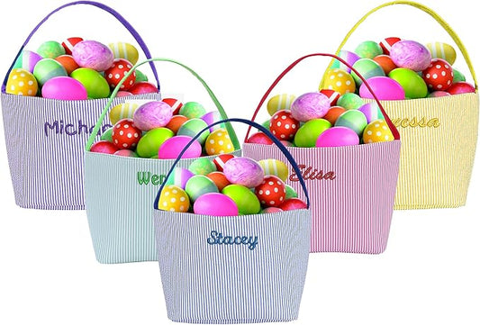 Custom Embroidered Easter Baskets - Personalized Seersucker Bunny Tote Bag for Kids, Boys & Girls - Perfect for Candy & Gifts