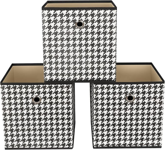 Foldable Storage Cubes Bins,11 Inch Cloth Storage Cube Fabric Storage Box Cubes Organizer Baskets with Dual Handles for Home Organizer Set of 3 (Houndstooth)