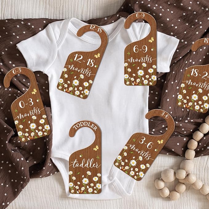 Whaline 8Pcs Daisy Baby Closet Size Dividers Hanging Wooden Baby Closet Organizers Newborn to Toddler Rustic Floral Butterfly Infant Wardrobe Organizers for Home Nursery Bedroom