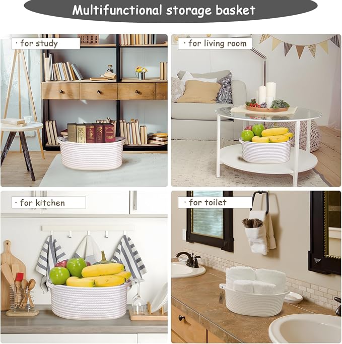 COMFY HOMI Small Woven Gift Baskets with Handles, Gift Bags and Ribbons - Cotton Rope Storage Basket for Organizing, Dog Toy Basket Box, Gift Baskets Empty, Mother’s Day-φ11X5 Inch, （all white）
