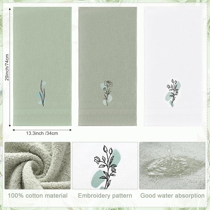 Abstract Botanical Hand Towels Boho Sage Green Botanical Bathroom Decor 14x29 Inch Embroidered Decorative Cute Summer Flowers Cotton Soft Absorbent Hand Towels for Bathroom Kitchen
