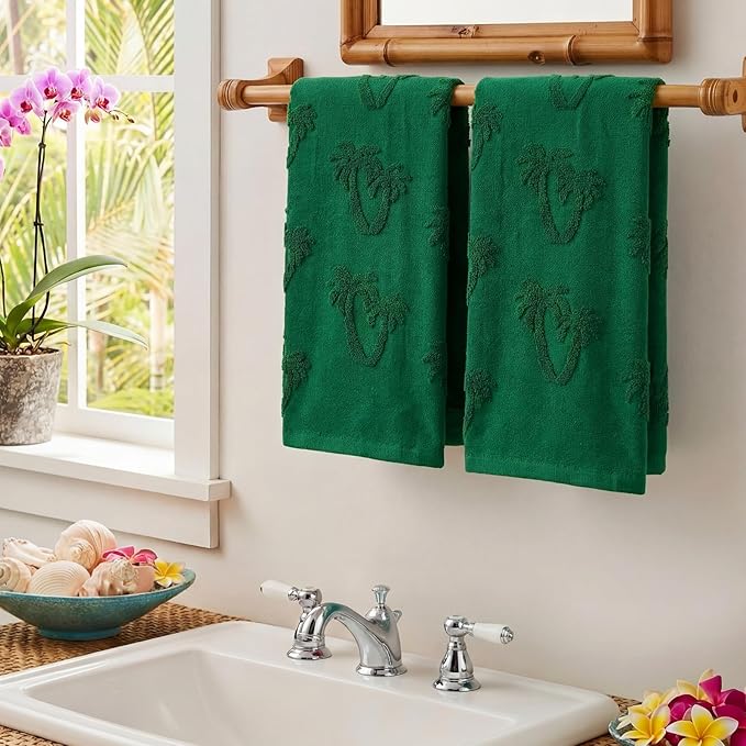 2 Pcs Tropical Palm Tree Hand Towels for Bathroom Green 100% Cotton Jacquard Weave Hand Towels Absorbent Soft for Spring Summer Home Bathroom Kitchen Decor, 29.5 x 13.8 Inch
