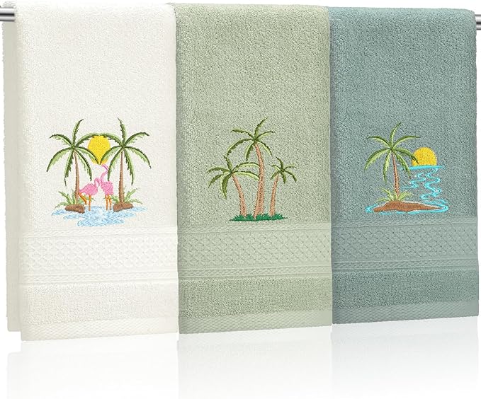 3 Pack Summer Palm Tree Hand Towels for Bathroom 100% Cotton Embroidered Beach Bathroom Towels 13.78 x 29.53 Inch Soft Absorbent(Green Series, Palm Tree)