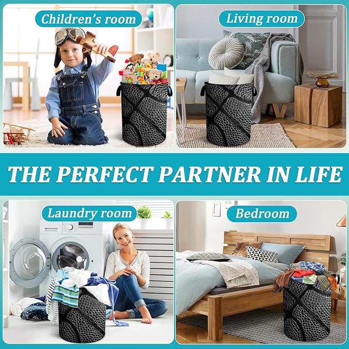 Basketball Texture Black Laundry Basket, Basketball Stripes Laundry Hamper Foldable Waterproof Tote Bag Dirty Clothes Storage Bucket Toy Organizer for Bathroom/Laundry/Bedroom 15.7"x19.6"