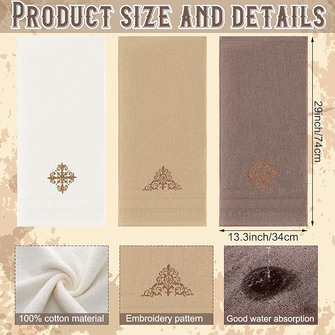 3 Pcs Vintage Brown Hand Towels Fancy Decorative Bathroom Towels 13.3 x 29.5'' Luxury Damascus Embroidered 100% Cotton Soft Absorbent for Bathroom Kitchen Boho Decor