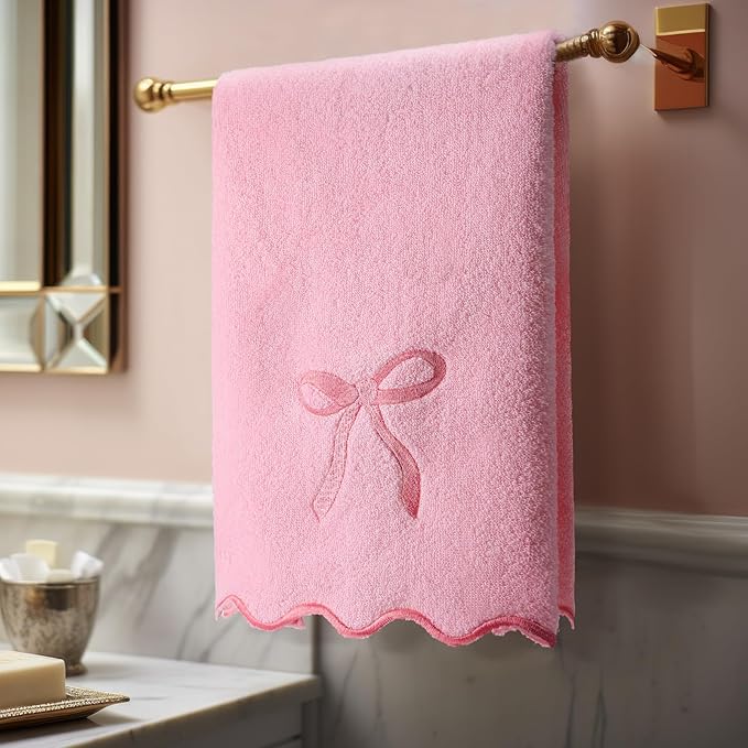 2 Pcs Pink Scalloped Hand Towels for Bathroom 26 x 13 Embroidery Coquette Bow Hand Towels 100% Cotton Soft Absorbent Boho Bath Decor for Kitchen Bathroom