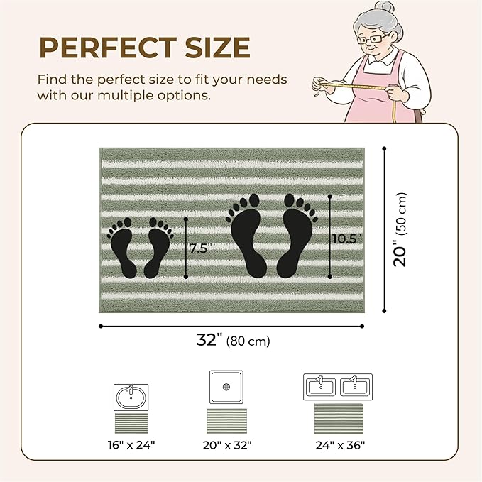 GRANNY SAYS Striped Bathroom Rugs Non Slip, 20" x 32", Bath Rugs for Bathroom Washable, Bath Mats for Floor, Microfiber Bath Mat for Tub, Absorbent Bath Rugs for Shower Room, Sage Green