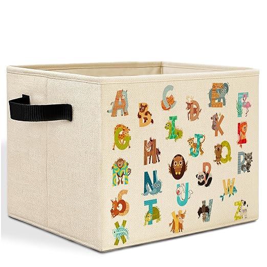 Boho Animal Alphabet Kids Storage Bins Box with Handles, Cute Animal Educational Laundry Basket Hamper Collapsible Clothes Toys Organizer for Toddler Room Nursery Playroom Bathroom