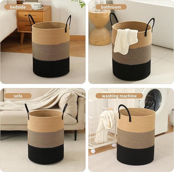 Woven Laundry Hamper Tall Rope Storage Basket for Blanket toys Dirty Clothes in Living Room Bathroom Bedroom (Jute Brown & Black, 60L/15.8Gal)