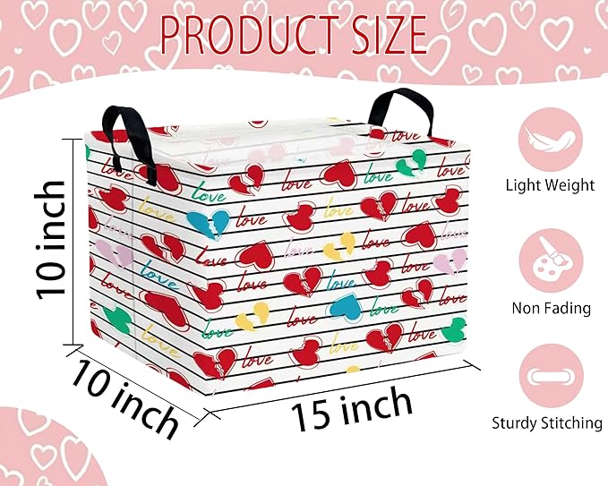 Large Valentine's Day Basket Heart Shaped Storage Bin for Gifts Collapsible Organizer Room Decor (Black Cross Bar Love)