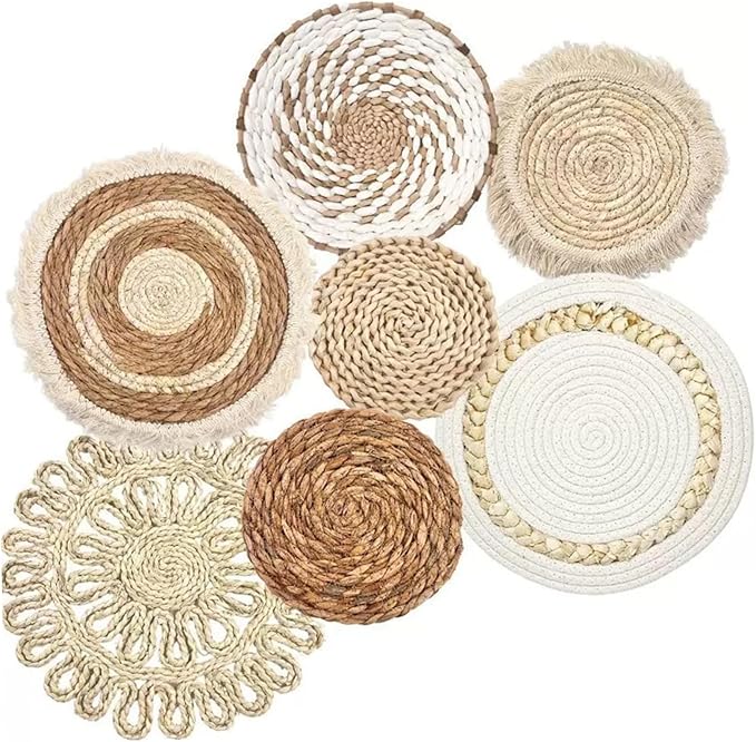 Boho Wall Baskets 7Pcs/Set Different Size & Style Boho Wall Basket Decor Straw Woven & Round Decorative Art for Living Room Bedroom Farmhouse Nursery Baskets, Basket Deco