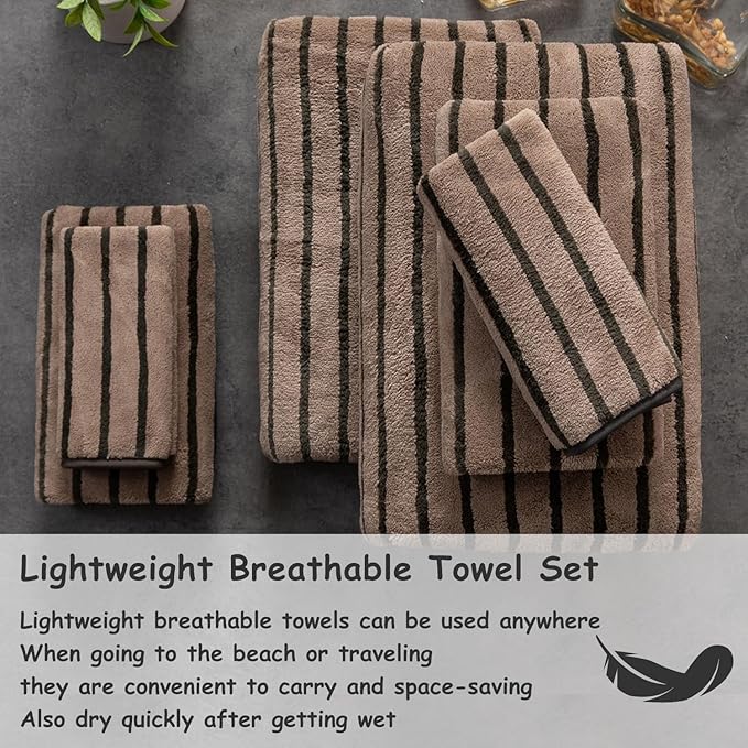 8 Pcs Polyester Brown Cabana Stripe Large Bath Towel Set-2 Bathroom Towels,2 Hand Towels,4 Washcloths Lightweight 600GMS Bath Sheet Absorbent Shower Towel Quick Dry Beach Chair Spa Gym Hotel Towels