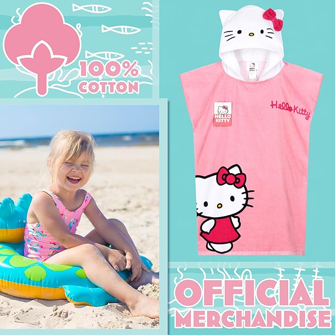 Hello Kitty Beach Towel with Hood for Girls Cinnamoroll Kuromi Kids Poncho Bath Towels Kawaii Beach Accessories Travel Essentials Girls Gifts (Pink Poncho Hello Kitty, 10-14 Years)